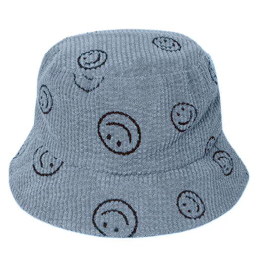 Auliné Collection Apparel Baby Blue Smiley Bucket Hat Happy Smiley Face Bucket Hat – Fashionable Corduroy Sun Hat for Men & Women, Great for Gifting and Outdoors