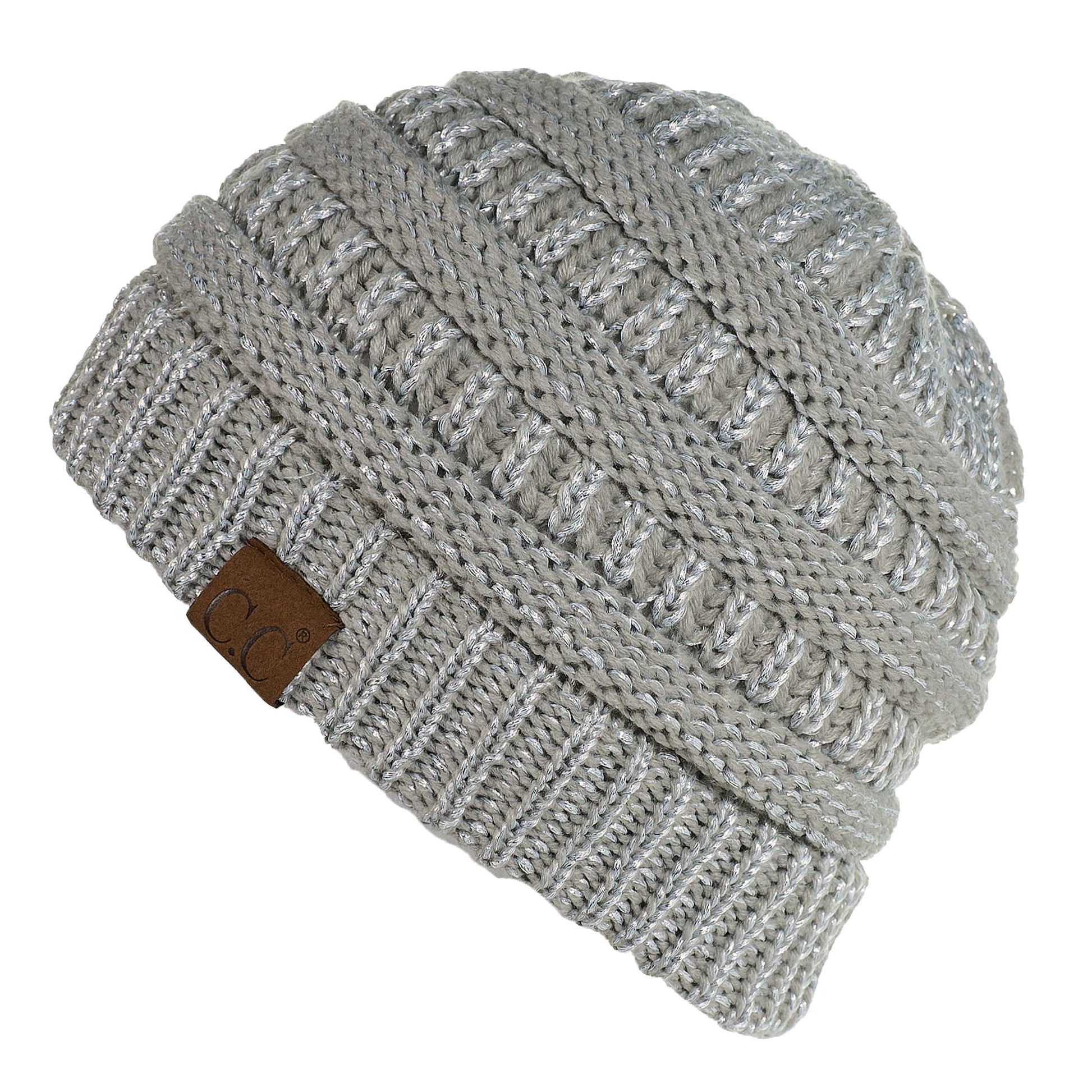 C.C Apparel C.C MB20AM  - Soft Stretch Cable Knit Warm Hat High Bun Ponytail Metallic Beanie