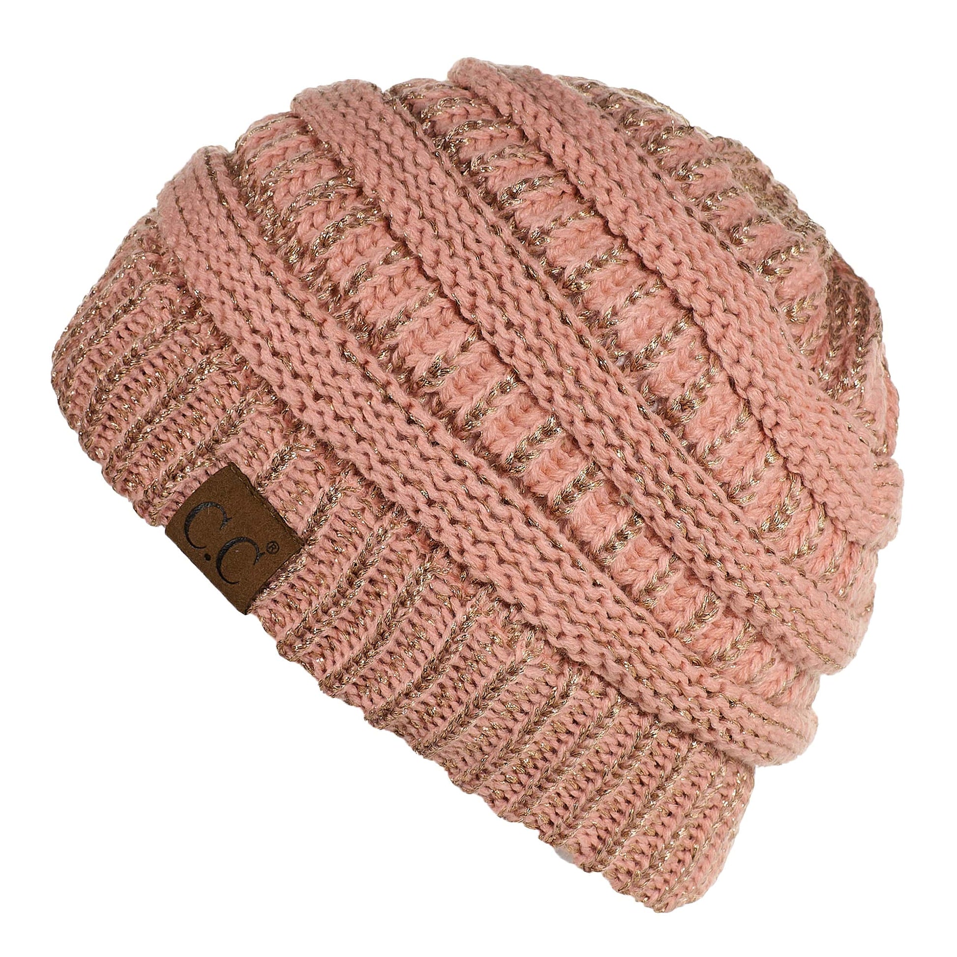 C.C Apparel C.C MB20AM  - Soft Stretch Cable Knit Warm Hat High Bun Ponytail Metallic Beanie