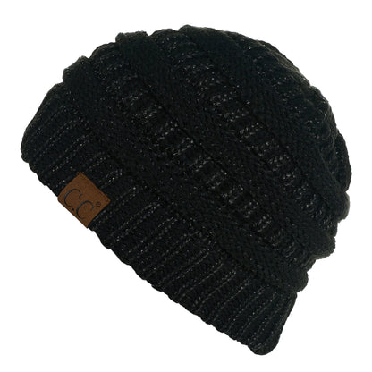 C.C Apparel Black C.C MB20AM  - Soft Stretch Cable Knit Warm Hat High Bun Ponytail Metallic Beanie