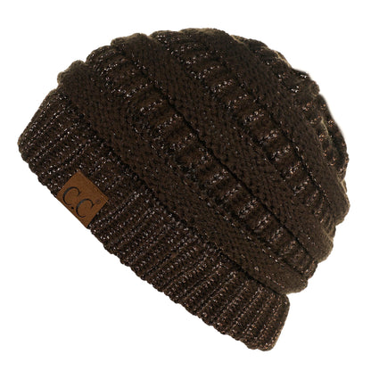 C.C Apparel Brown C.C MB20AM  - Soft Stretch Cable Knit Warm Hat High Bun Ponytail Metallic Beanie