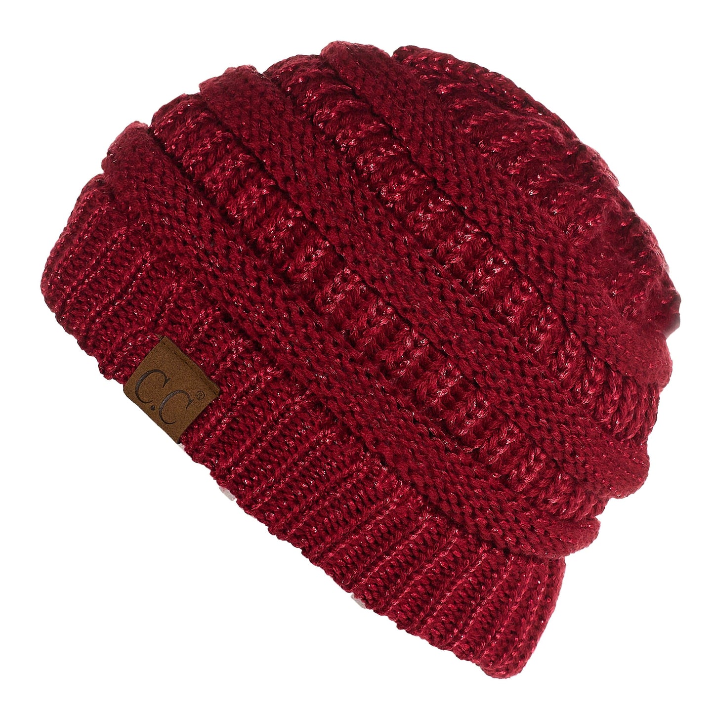 C.C Apparel Burgundy C.C MB20AM  - Soft Stretch Cable Knit Warm Hat High Bun Ponytail Metallic Beanie