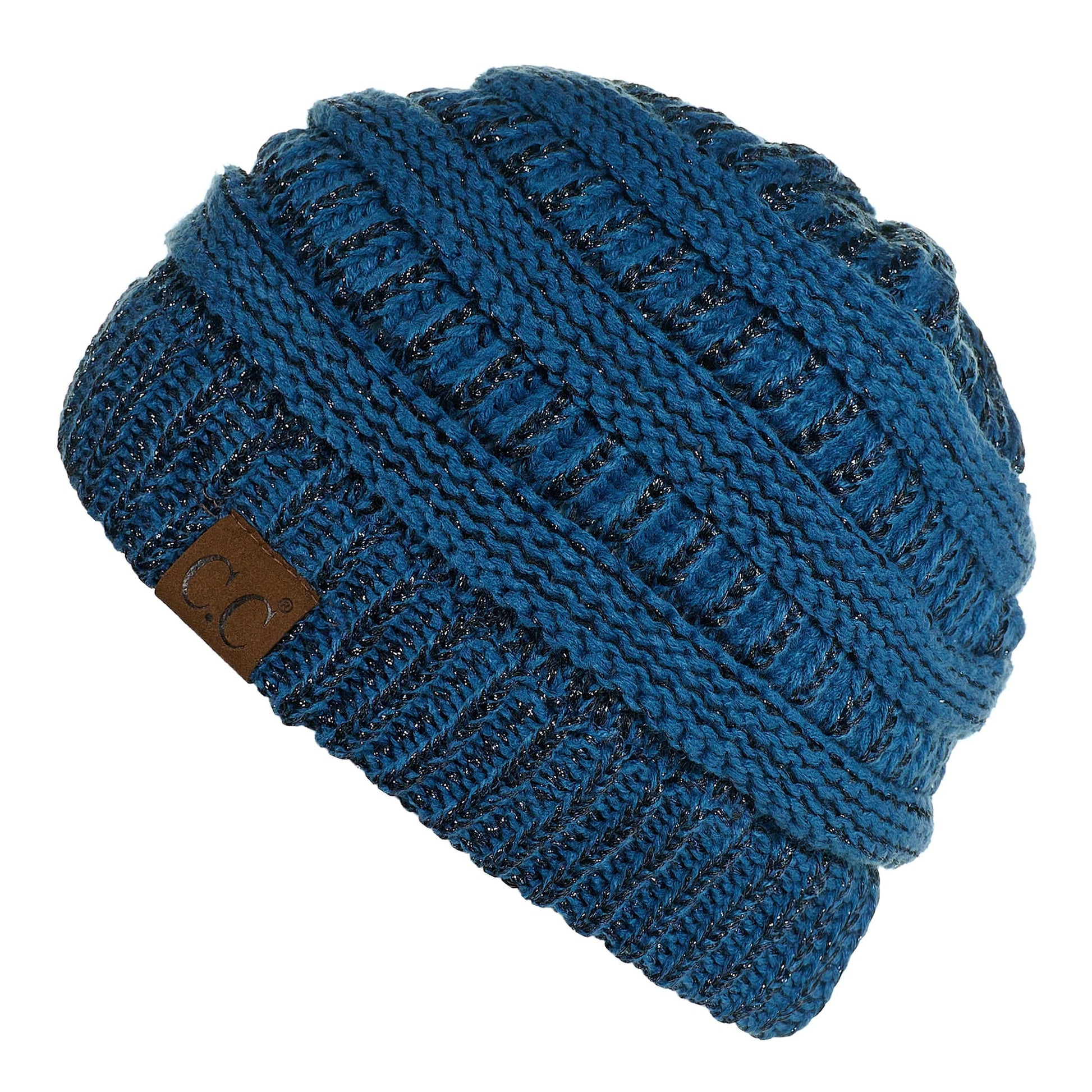 C.C Apparel Dark Denim C.C MB20AM  - Soft Stretch Cable Knit Warm Hat High Bun Ponytail Metallic Beanie