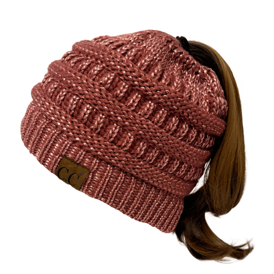 C.C Apparel Dark Rose C.C MB20AM  - Soft Stretch Cable Knit Warm Hat High Bun Ponytail Metallic Beanie