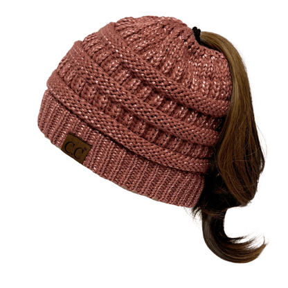 C.C Apparel Dusty Rose C.C MB20AM  - Soft Stretch Cable Knit Warm Hat High Bun Ponytail Metallic Beanie