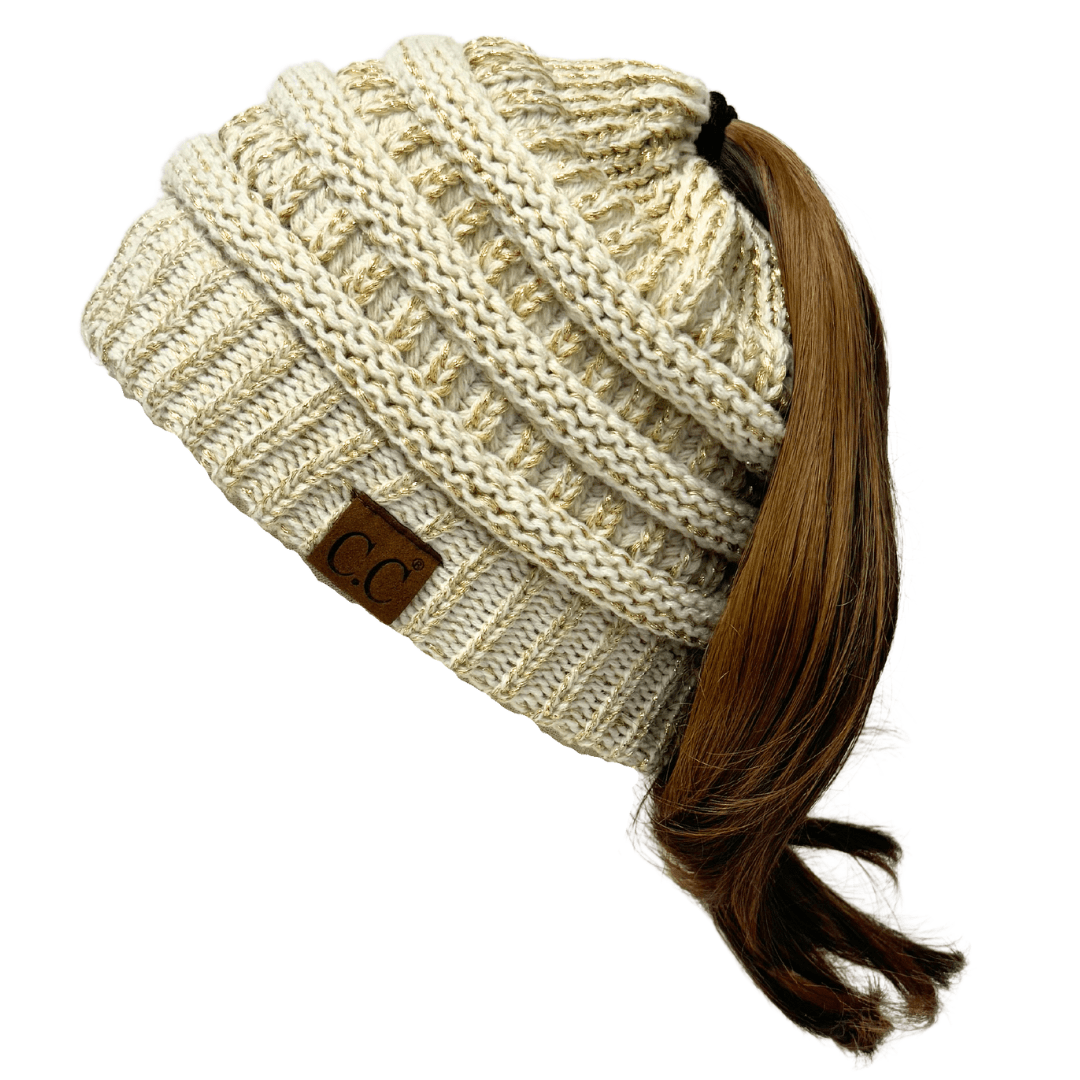 C.C Apparel Ivory/Gold C.C MB20AM  - Soft Stretch Cable Knit Warm Hat High Bun Ponytail Metallic Beanie