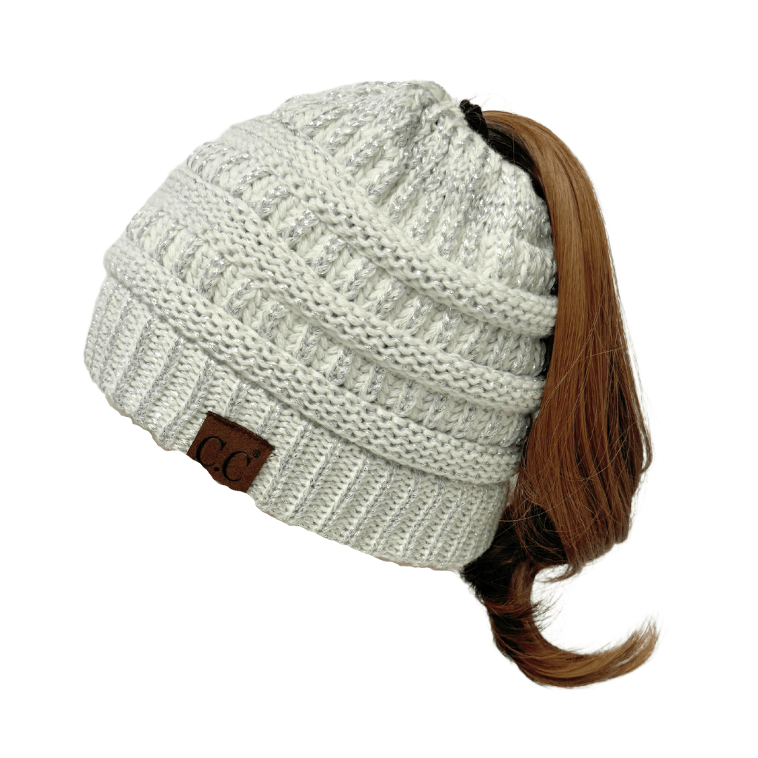 C.C Apparel Ivory/Silver C.C MB20AM  - Soft Stretch Cable Knit Warm Hat High Bun Ponytail Metallic Beanie