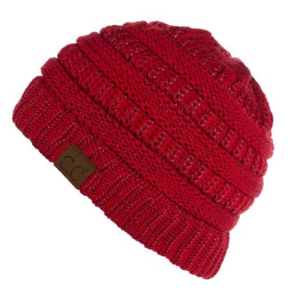 C.C Apparel Red C.C MB20AM  - Soft Stretch Cable Knit Warm Hat High Bun Ponytail Metallic Beanie