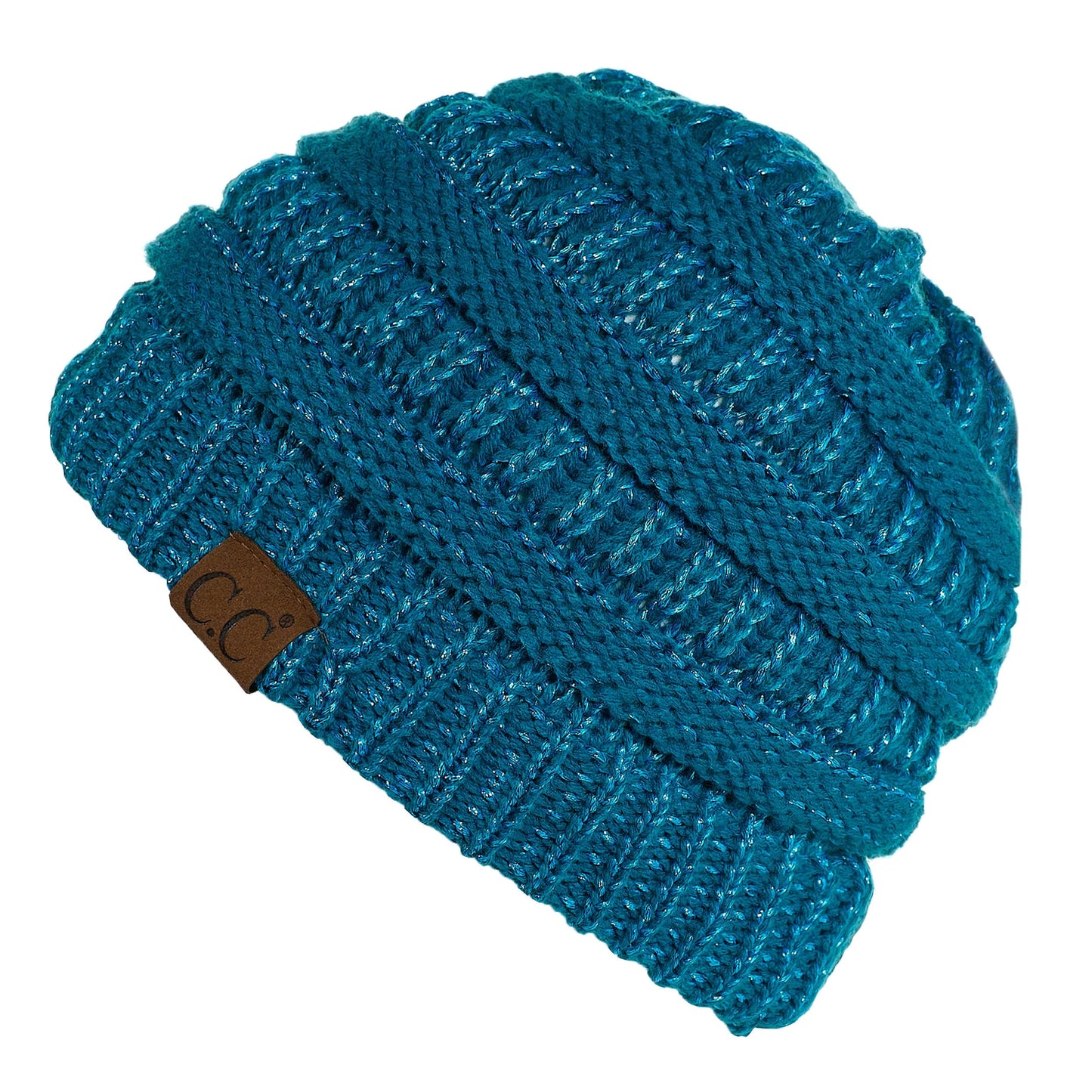 C.C Apparel Teal C.C MB20AM  - Soft Stretch Cable Knit Warm Hat High Bun Ponytail Metallic Beanie