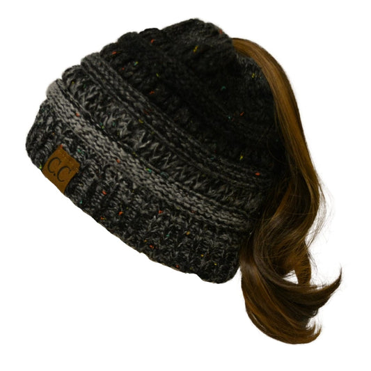 C.C Apparel Black Mix C.C MB817 - Soft Stretch Cable Knit Warm Hat High Bun Ponytail Ombre Confetti Beanie