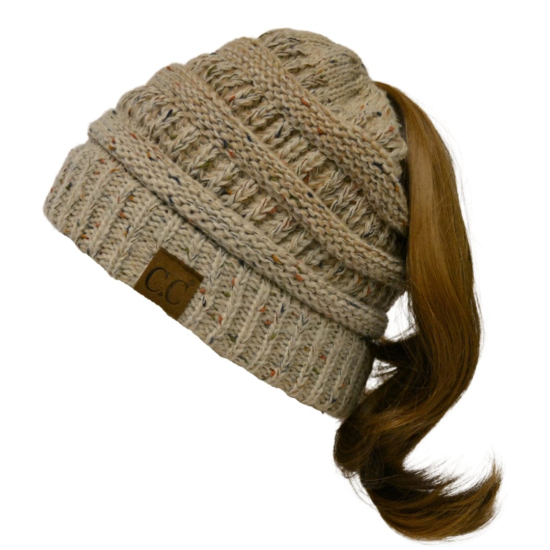 C.C Apparel Oatmeal Mix C.C MB817 - Soft Stretch Cable Knit Warm Hat High Bun Ponytail Ombre Confetti Beanie