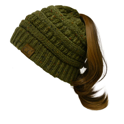 C.C Apparel Olive Mix C.C MB817 - Soft Stretch Cable Knit Warm Hat High Bun Ponytail Ombre Confetti Beanie