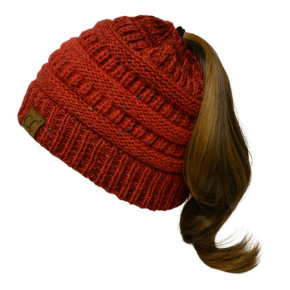 C.C Apparel Red Mix C.C MB817 - Soft Stretch Cable Knit Warm Hat High Bun Ponytail Ombre Confetti Beanie