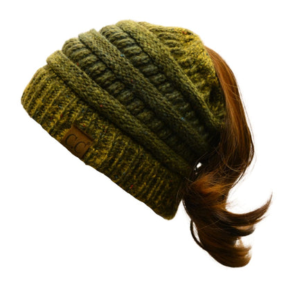 C.C Apparel Sage Mix C.C MB817 - Soft Stretch Cable Knit Warm Hat High Bun Ponytail Ombre Confetti Beanie