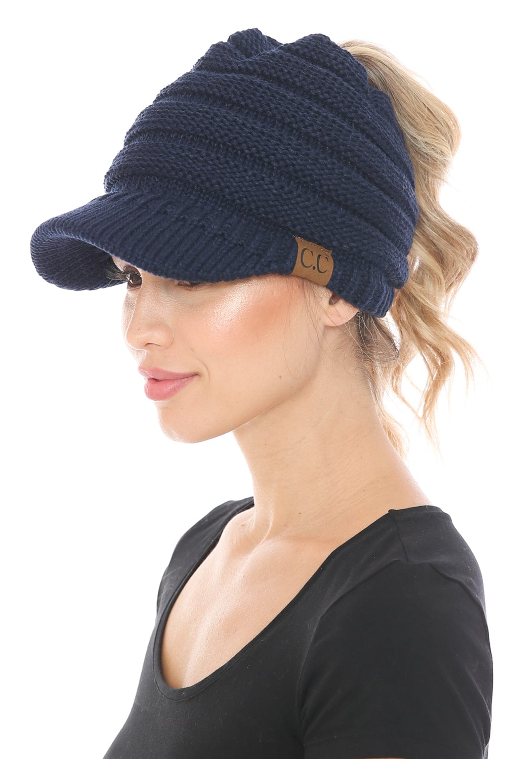 C.C Apparel MB 131 - C.C Messy Bun Ponytail Visor Brim Beanie Hat