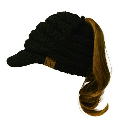 C.C Apparel Black MB 131 - C.C Messy Bun Ponytail Visor Brim Beanie Hat