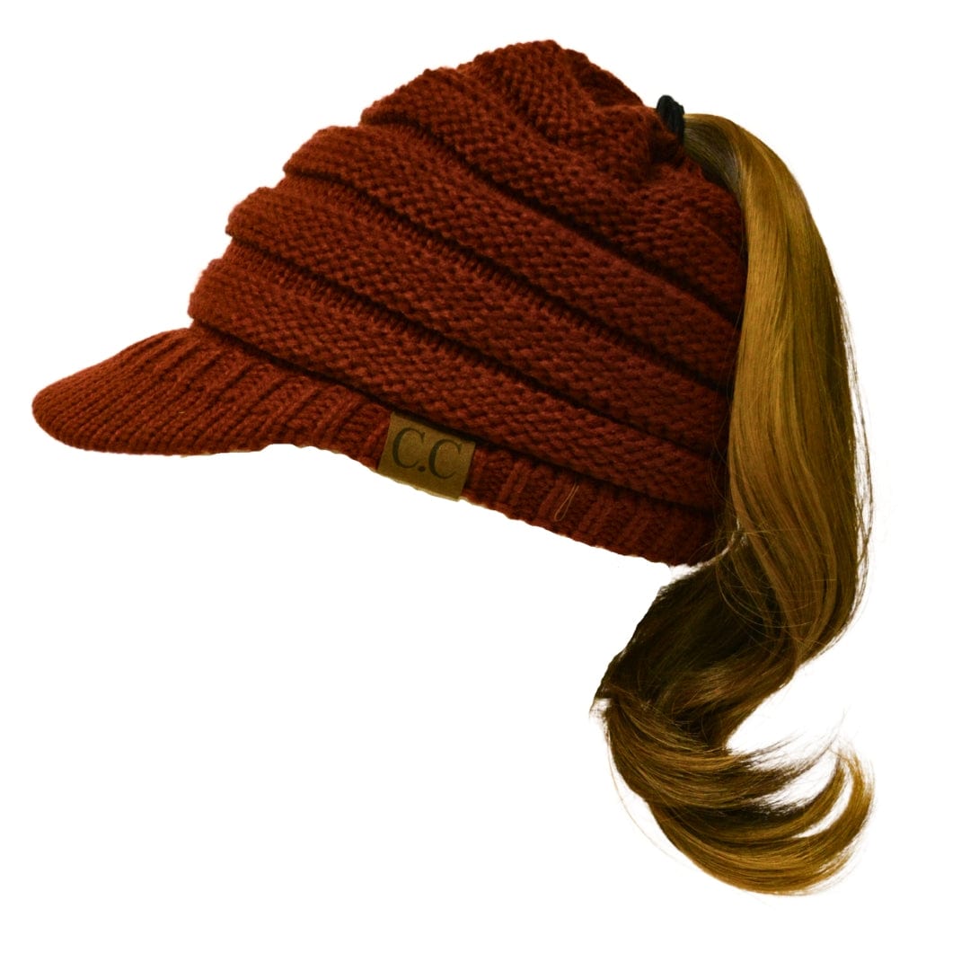 C.C Apparel Burgundy MB 131 - C.C Messy Bun Ponytail Visor Brim Beanie Hat