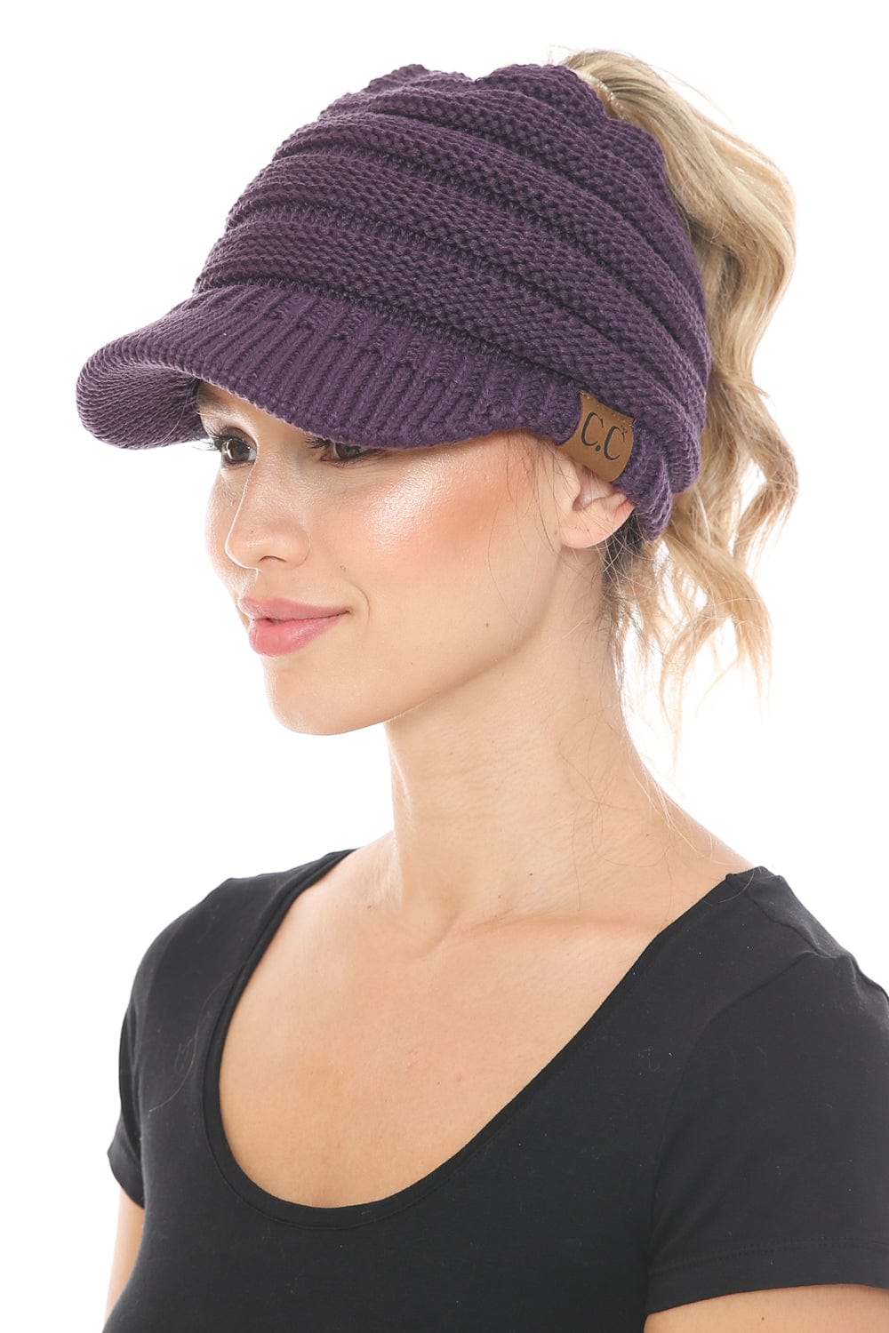 C.C Apparel Dark Purple MB 131 - C.C Messy Bun Ponytail Visor Brim Beanie Hat