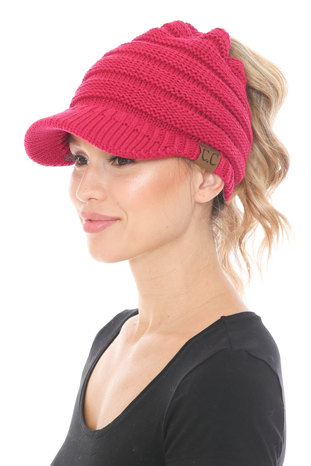 C.C Apparel Hot Pink MB 131 - C.C Messy Bun Ponytail Visor Brim Beanie Hat