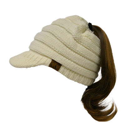 C.C Apparel Ivory MB 131 - C.C Messy Bun Ponytail Visor Brim Beanie Hat