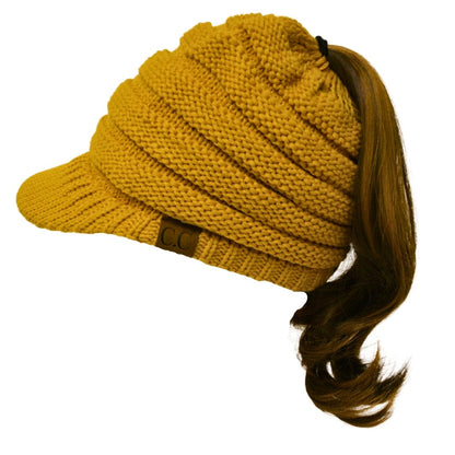 C.C Apparel Mustard MB 131 - C.C Messy Bun Ponytail Visor Brim Beanie Hat