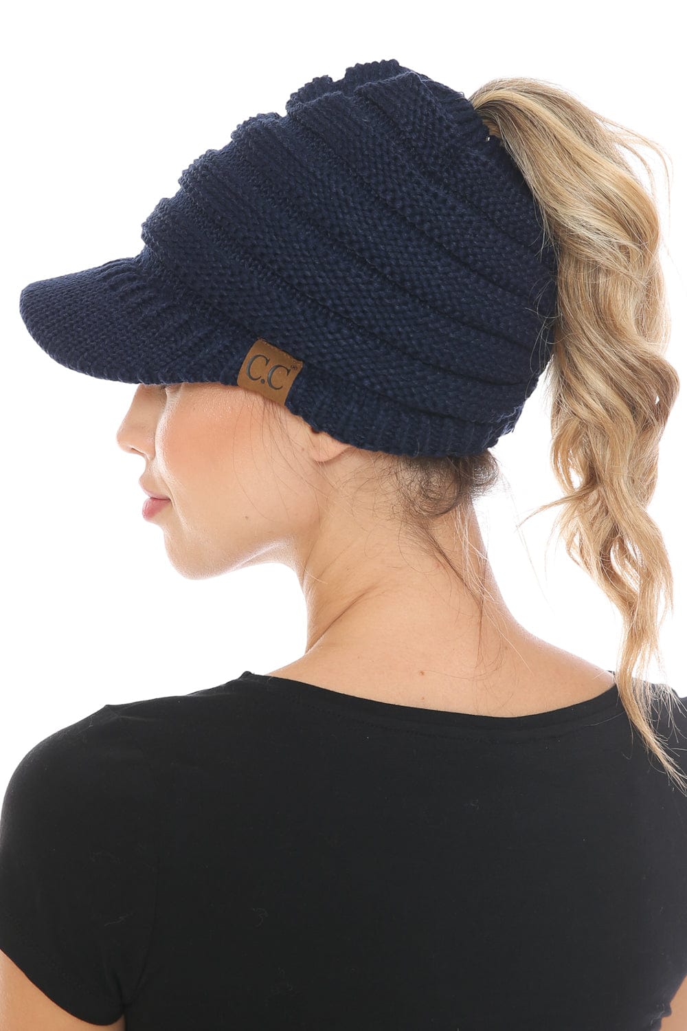 C.C Apparel Navy MB 131 - C.C Messy Bun Ponytail Visor Brim Beanie Hat