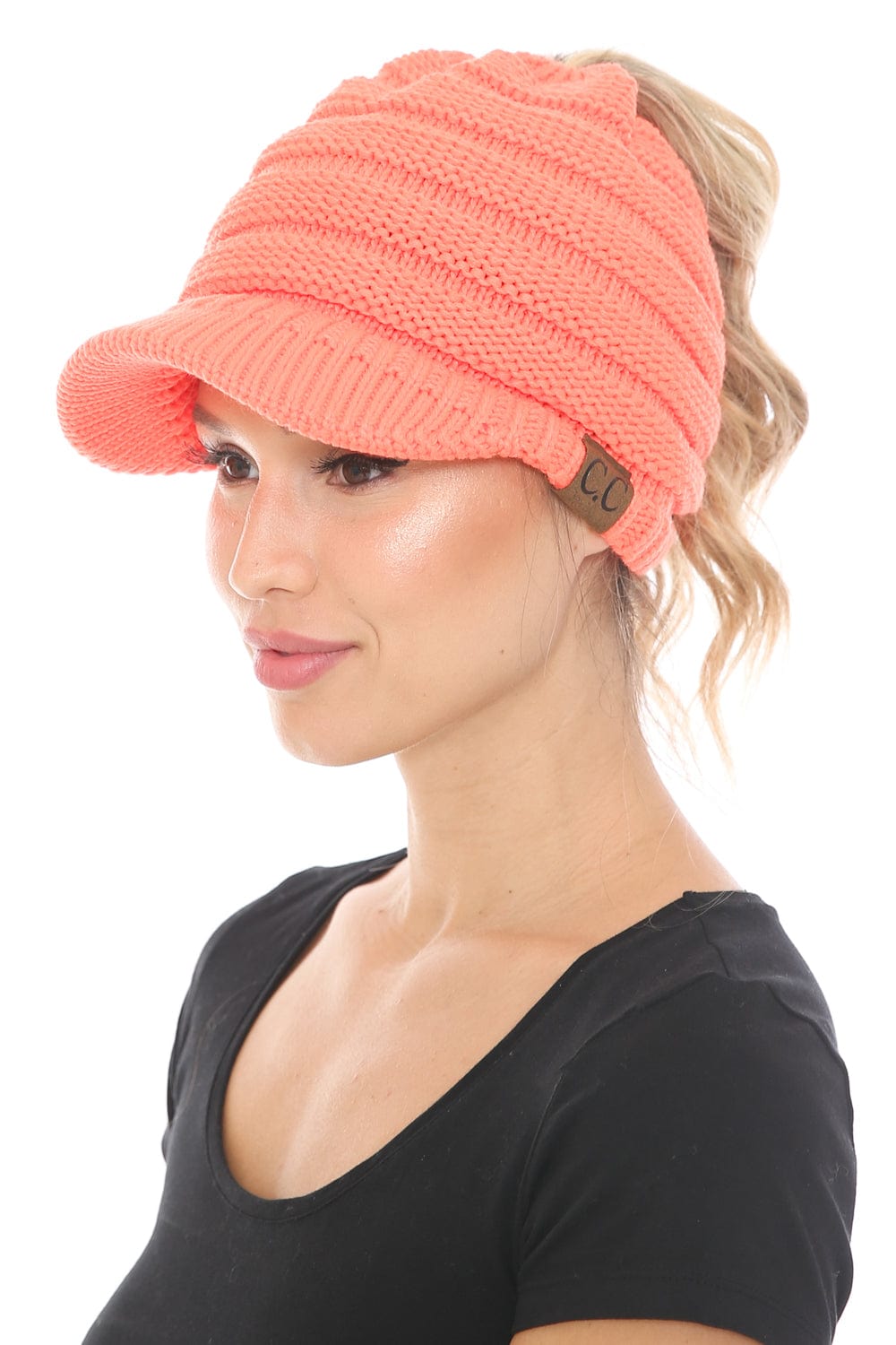 C.C Apparel Neon Orange MB 131 - C.C Messy Bun Ponytail Visor Brim Beanie Hat