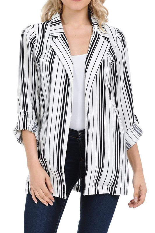 Auliné Collection Apparel Striped White / Small Auliné Collection Womens Casual Oversized Open Front Boyfriend Cardigan Blazer