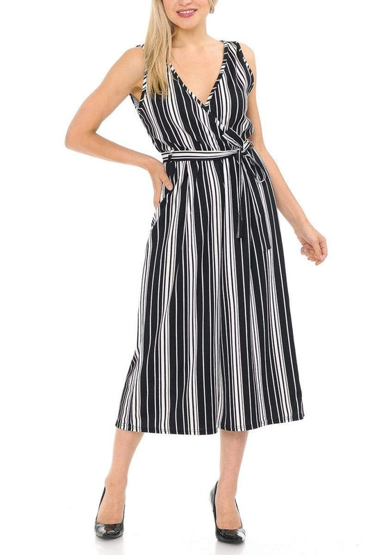 Auliné Collection Apparel Jet Black Stripe / S/M Auliné Collection Womens Sleeveless Culotte Capri Wide Leg Romper Jumpsuit