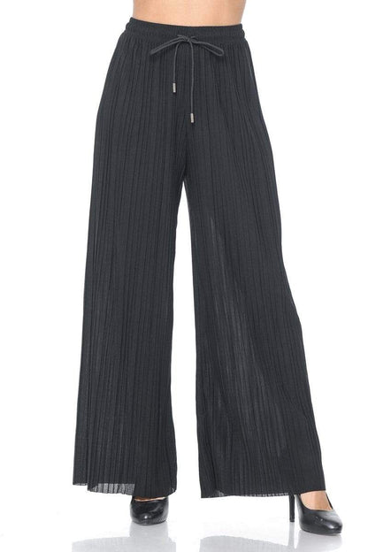 Auliné Collection Apparel Black / One Size Auliné Collection Womens Solid Waistband Long Pleated Chiffon Palazzo Pants