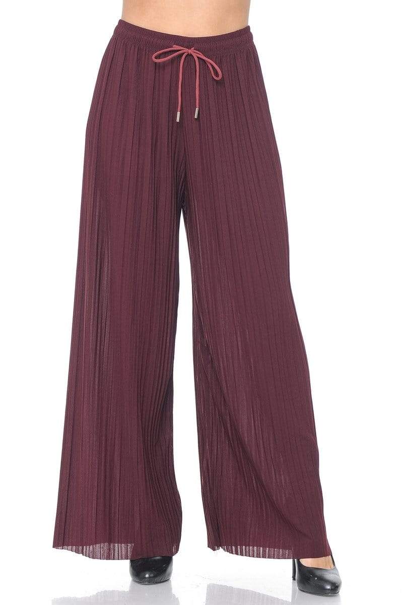 Auliné Collection Apparel Burgundy / One Size Auliné Collection Womens Solid Waistband Long Pleated Chiffon Palazzo Pants