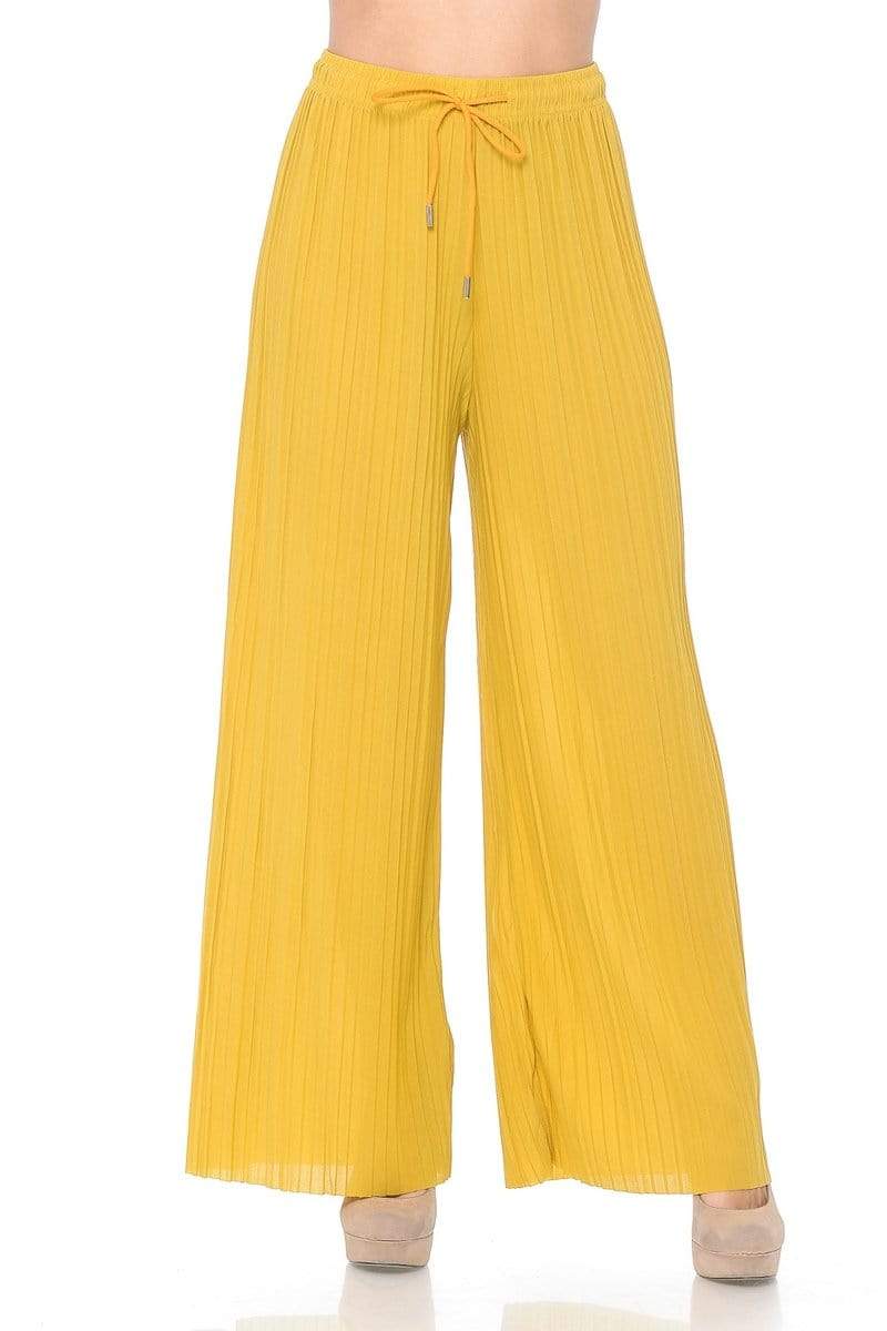 Auliné Collection Apparel Mustard / One Size Auliné Collection Womens Solid Waistband Long Pleated Chiffon Palazzo Pants