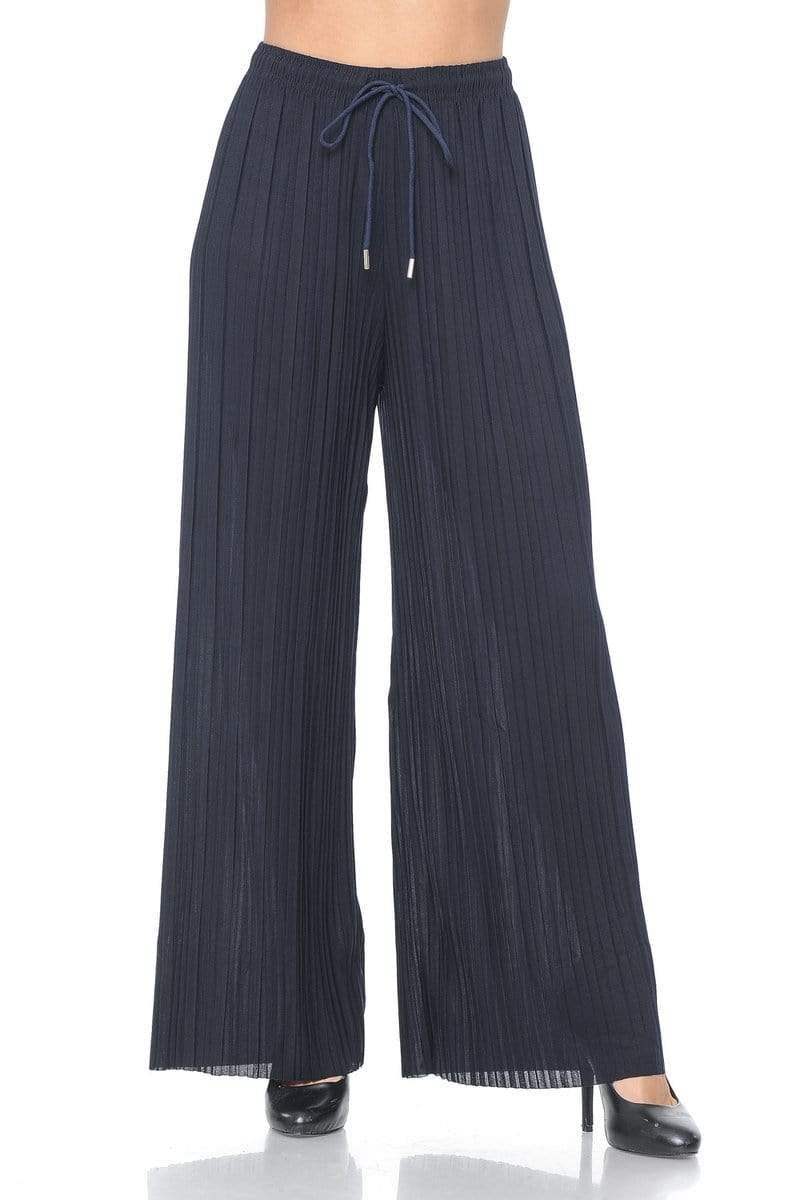 Auliné Collection Apparel Navy / One Size Auliné Collection Womens Solid Waistband Long Pleated Chiffon Palazzo Pants