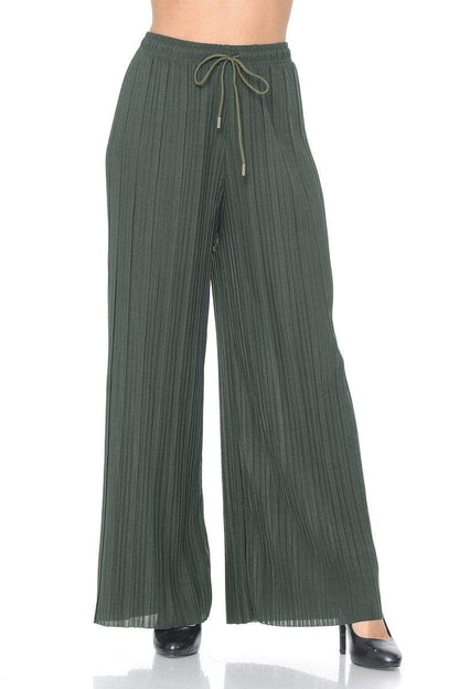 Auliné Collection Apparel Olive / One Size Auliné Collection Womens Solid Waistband Long Pleated Chiffon Palazzo Pants