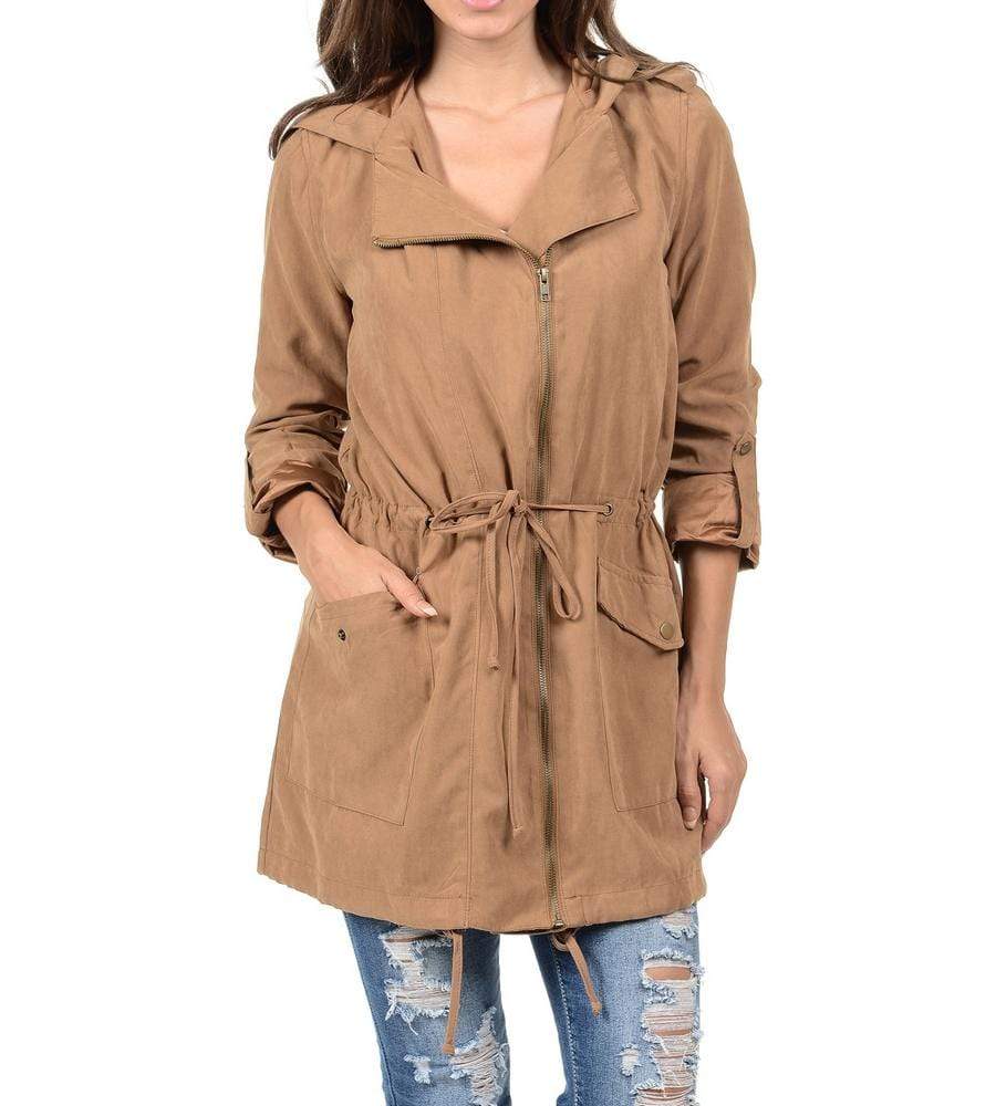 Auliné Collection Apparel Camel / Small (Original) Auliné Collection Womens Peach Skin Asymmetrical Zip Up Hooded Anorak Jacket