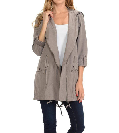 Auliné Collection Apparel Earth Gray / Small (Original) Auliné Collection Womens Peach Skin Asymmetrical Zip Up Hooded Anorak Jacket