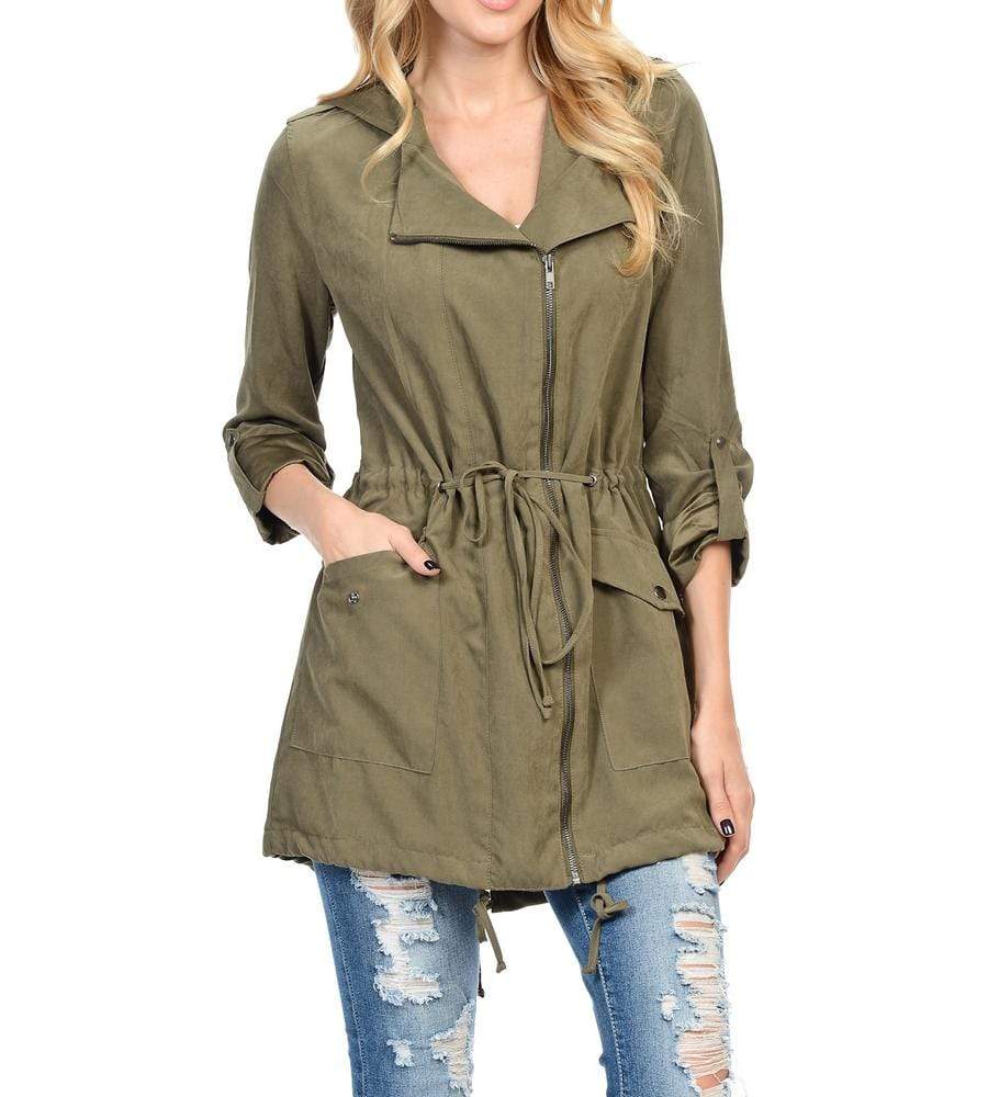 Auliné Collection Apparel Olive Green / Small (Original) Auliné Collection Womens Peach Skin Asymmetrical Zip Up Hooded Anorak Jacket