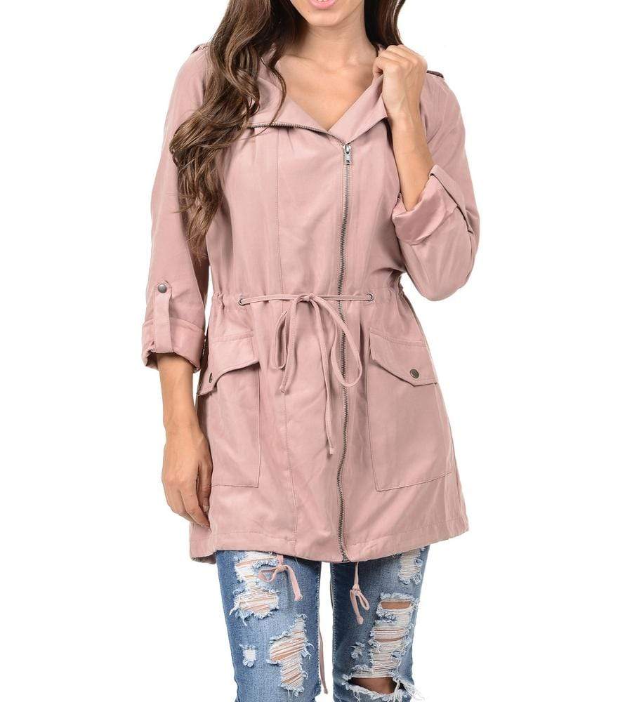 Auliné Collection Apparel Pink / Small (Original) Auliné Collection Womens Peach Skin Asymmetrical Zip Up Hooded Anorak Jacket