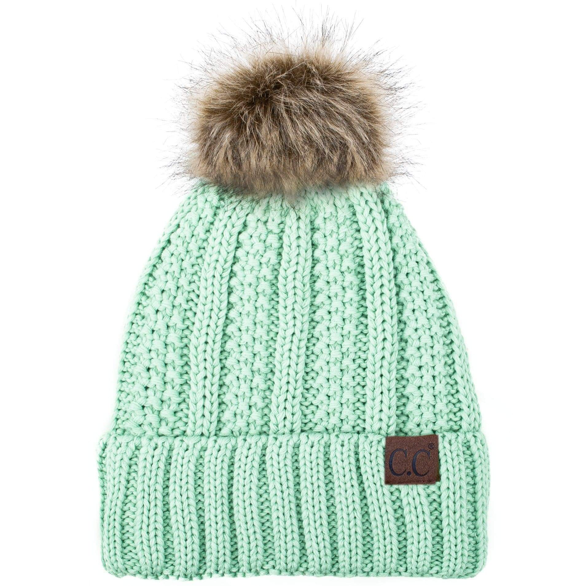 Spindrift beanie | 100% Merino wool beanie | chunky knit | faux fur pom-pom | winter hat | mint green | cable hat - by Timber Ridge discount Knits